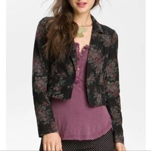 Vintage Free People Blazer Floral Cropped Notch Lapel Black Boho Women's Size 6